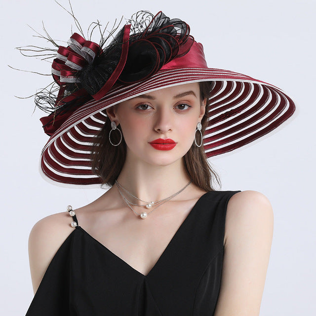 Elegant Women Feather Flower Striped Kentucky Derby Hat 16cm Wide Brim Church Dress Sun Hat Lady Summer Beach Party Wedding Hat