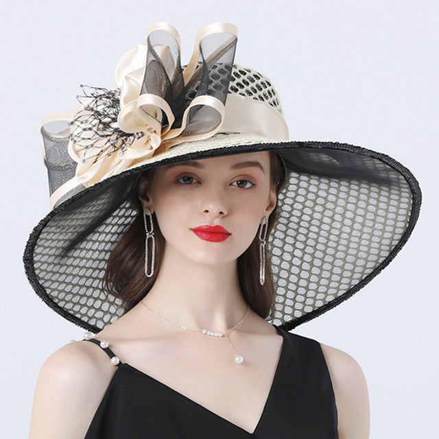 Women 16cm Wide Brim Flower Mesh Sun Hat Lady Bow Summer Beach Hat Church Derby Dress Fascinator Bridal Hat Party Wedding Hat
