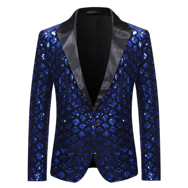 Royal Blue Sequin Glitter Embellished Blazer Jacket Men One Button Shiny Plaid Tuxedo Blazers Mens Nightclub Prom Stage Costumes