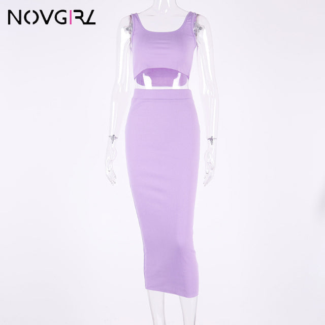 Novgril Rib Knit Two Piece Set Dress Women 2019 Summer Neon Vest Crop Top and Long Skirt 2 Piece Suit Sexy Club Party Midi Dress