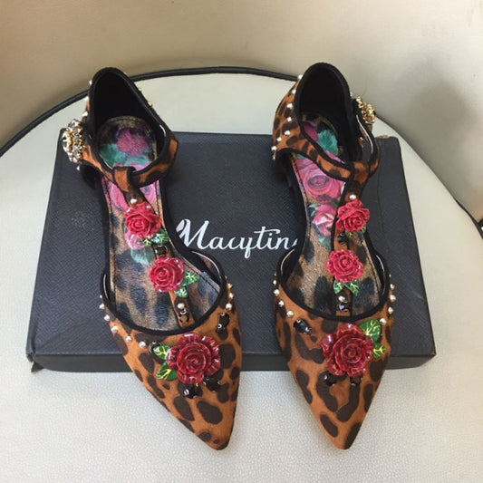 Sexy Rose Flower Leopard High Heels Pointed Toe Designer Fashion Mary Janes Formal Shoes Women