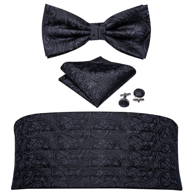 Black Paisley Men Cummerbund Silk Floral Bow Tie Set Pocket Square Cufflink Formal Tuxedo Suit Accessories Barry.Wang B-100