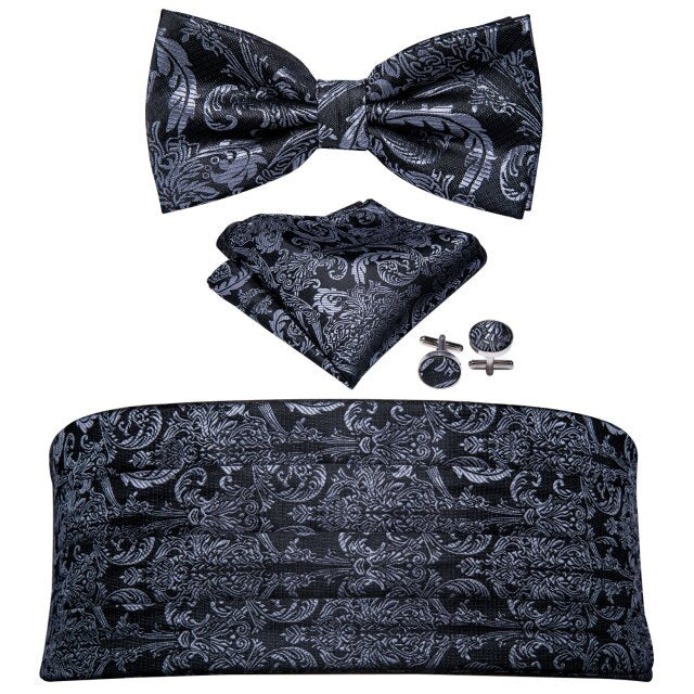 Black Paisley Men Cummerbund Silk Floral Bow Tie Set Pocket Square Cufflink Formal Tuxedo Suit Accessories Barry.Wang B-100