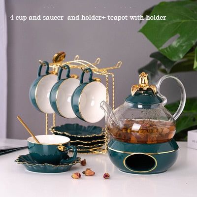 New 600ml Green Gold Glass teapot Ceramic Lid Base Warm Candle Holder Tea Pot Cup And Saucer Fruit Juice Water Flower Kettle