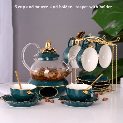 New 600ml Green Gold Glass teapot Ceramic Lid Base Warm Candle Holder Tea Pot Cup And Saucer Fruit Juice Water Flower Kettle