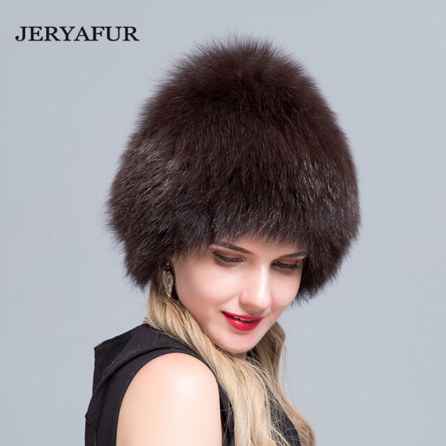 JERYAFUR  NEW russian bomer caps women winter fur hat genuine fox fur hats knitted silver fox fur caps female