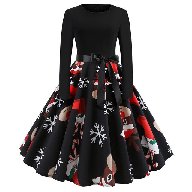 Winter Christmas Dresses Women 50S 60S Vintage Robe Swing Pinup Elegant Party Dress Long Sleeve Casual Plus Size Print Black - Shop 24/777