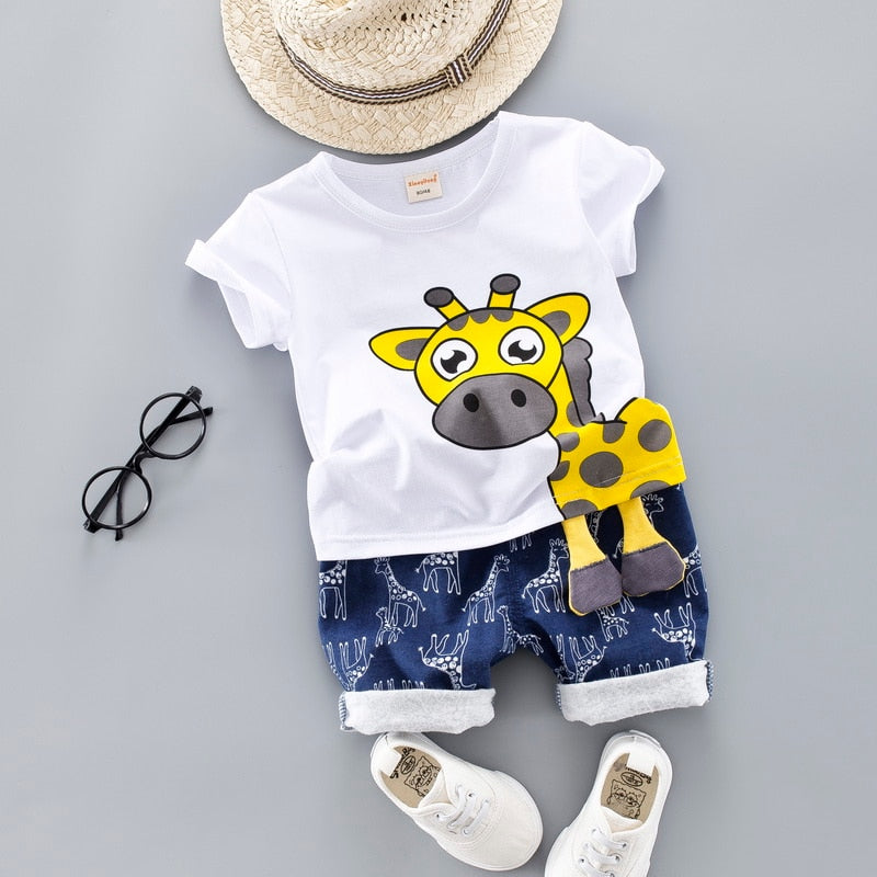 Baby Clothing Set for Boys Girls Cute Summer Casual Clothes Set Giraffe Top Blue Shorts Suits Kids Clothes 1-4 Years - Shop 24/777