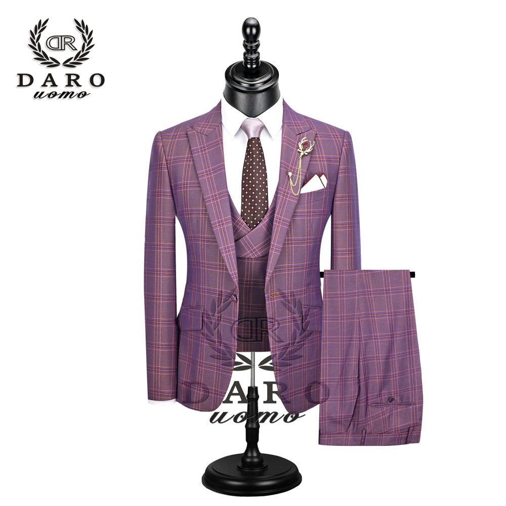 DARO 2020 New Men Suit 3 Pieces Fashion Plaid Suit  Slim Fit  blue purple  Wedding Dress  Suits Blazer Pant and Vest DR8193