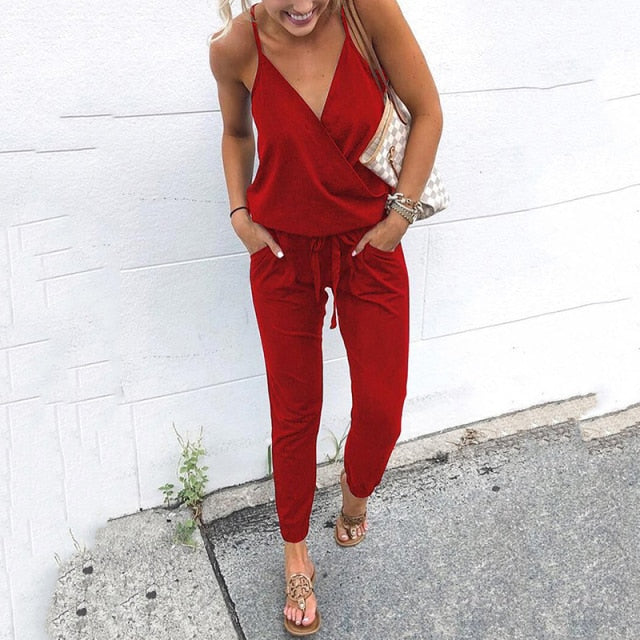 2020 Summer Women Holiday Casual Sleeveless Jumpsuits Fashion Ladies Solid Color Bodysuit Wide Leg Loose Long Pants Trousers