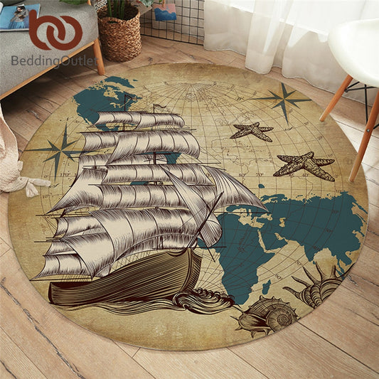 BeddingOutlet Sailing Ship Round Carpet Nautical Non-slip Area Rugs World Map Retro Floor Mat Oceans Shells Brown Play Mat