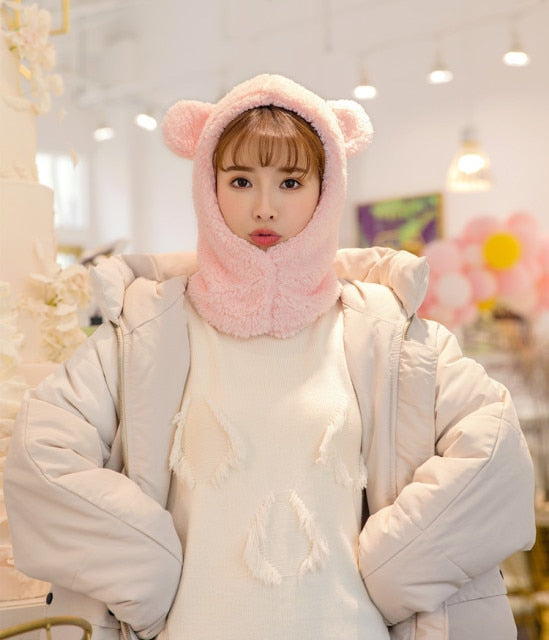 YOYOCORN Ins winter cute selling cute bear ears warm hat windproof neck scarf cap student women plus cashmere cap