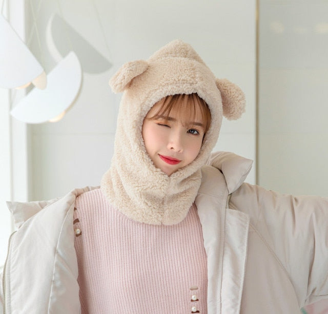 YOYOCORN Ins winter cute selling cute bear ears warm hat windproof neck scarf cap student women plus cashmere cap