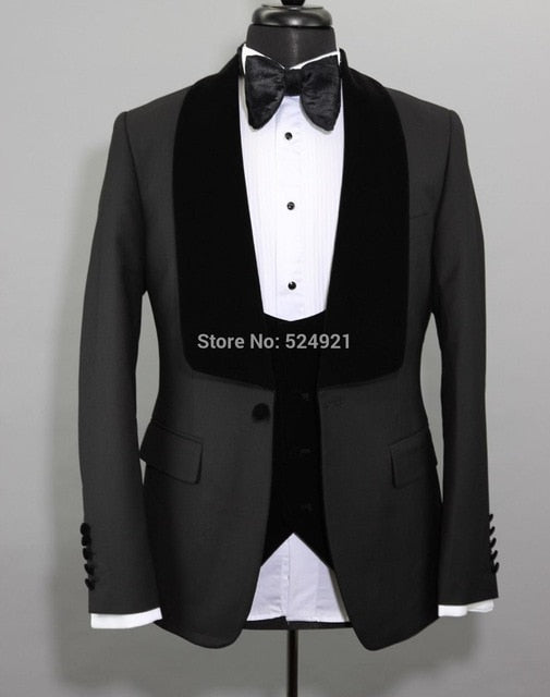 Men Suits Light Navy Blue and Black Groom Tuxedos Shawl Lapel Groomsmen Wedding Best Man ( Jacket+Pants+Bow Tie+Vest ) C684