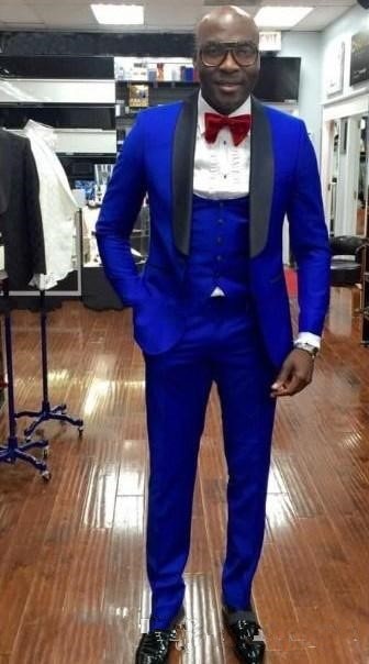 Men Suits Light Navy Blue and Black Groom Tuxedos Shawl Lapel Groomsmen Wedding Best Man ( Jacket+Pants+Bow Tie+Vest ) C684