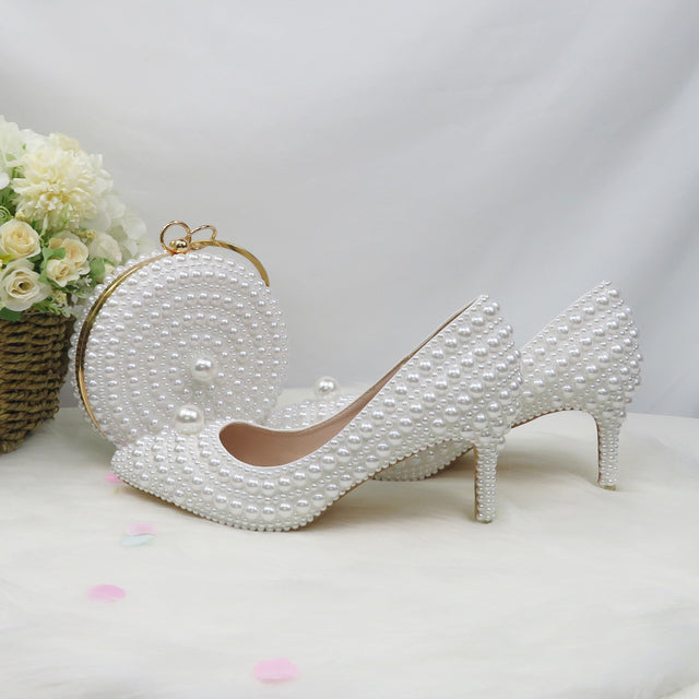 BaoYaFang White Beads Pearl women wedding shoes Bride High heels shoes ladies super big size party dress shoes woman Pointed Toe