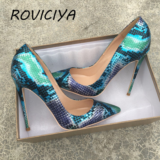 Fashion ladies shallow 12cm high heels pumps serpentine color mixing dress women shoes QP050 ROVICIYA