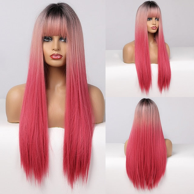 ALAN EATON Long Wavy Synthetic Wigs Ombre Black Pink Wigs for Women Cosplay Natural Middle Part Hair Wig High Temperature Fiber