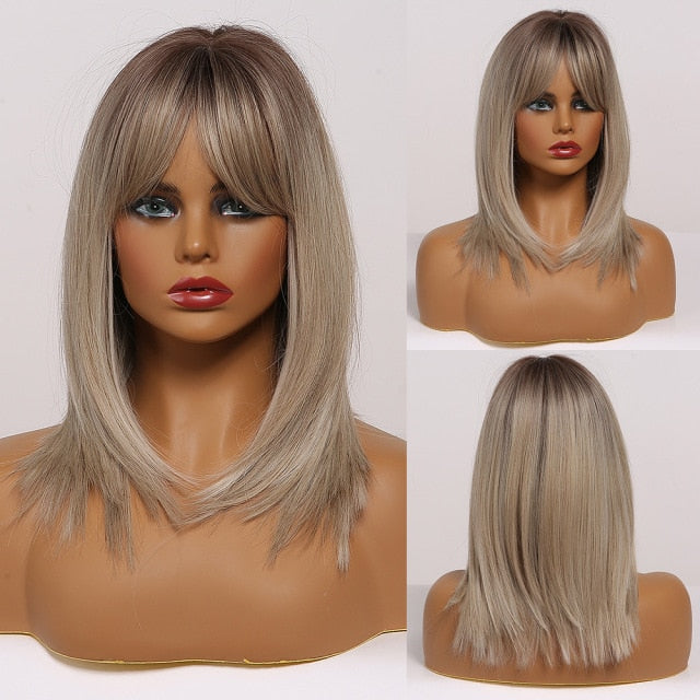 ALAN EATON Synthetic Wigs Long Straight Layered Hairstyle Ombre Black Brown Blonde Gray Ash Full Wigs with Bangs for Black Women