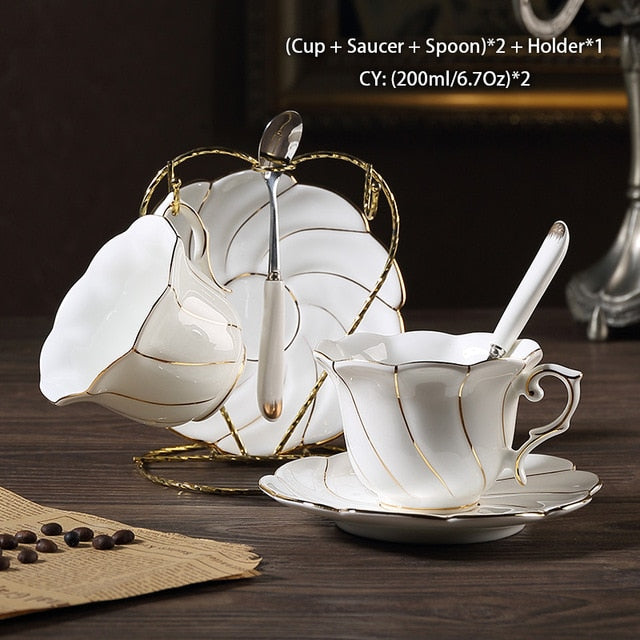 Gold Inlay Bone China Coffee Set Europe Porcelain Tea Set Ceramic Pot Creamer Sugar Bowl Teapot Coffee Cup Tea Mug Coffeeware
