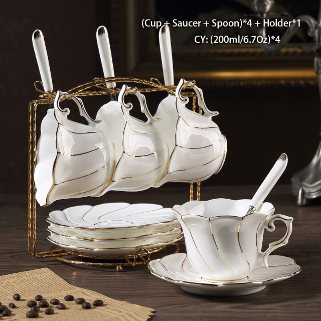 Gold Inlay Bone China Coffee Set Europe Porcelain Tea Set Ceramic Pot Creamer Sugar Bowl Teapot Coffee Cup Tea Mug Coffeeware