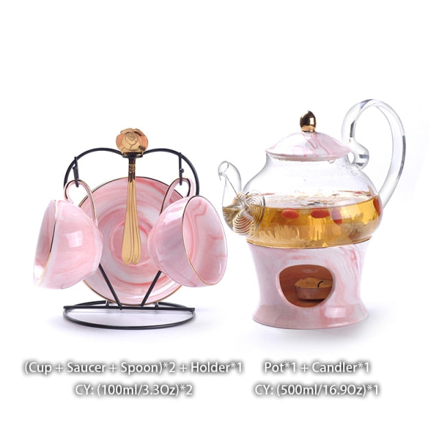Marbling Porcelain Tea Set Nordic Ceramic Tea Cup Pot with Candler Strainer Floral Teapot Set Cafe Mug Teaware Coffee Cup Teacup