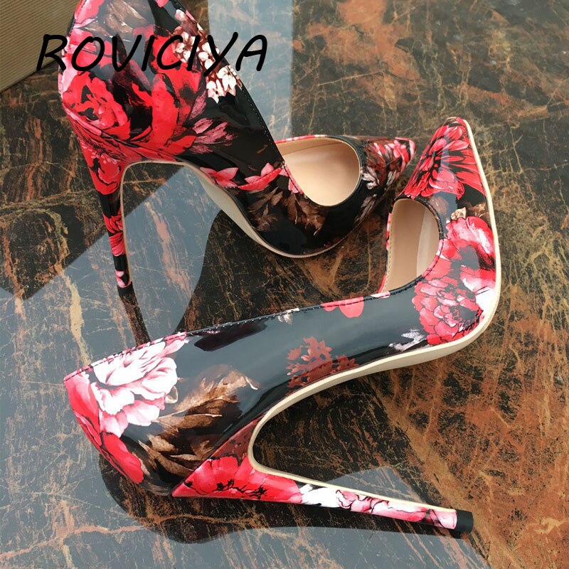 Red black flower pointed toe ladies pumps shallow women 12cm high-heeled pumps sexy wedding party shoes QP061 ROVICIYA
