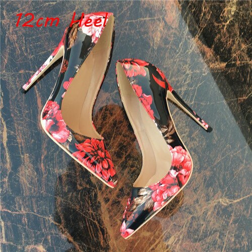 Red black flower pointed toe ladies pumps shallow women 12cm high-heeled pumps sexy wedding party shoes QP061 ROVICIYA