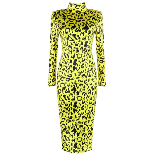 Women Sexy Full Sleeve Designer Leopard Yellow Night Club Party Dress Ladies Trendy Knee Length Dress Vestido