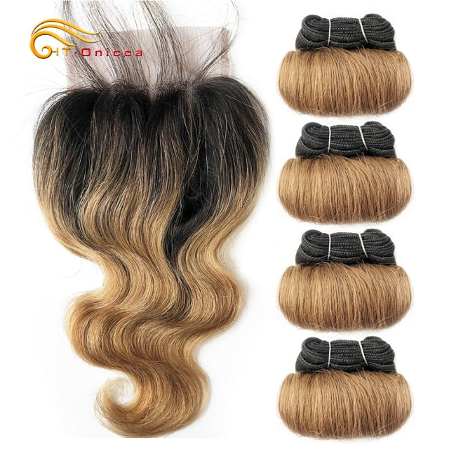 Htonicca Hair Extensions 8” Short Bob Style Body Wave Ombre 1B/27/30 Remy Human Hair Bundles Honey Blonde Brazilian Hair Weave