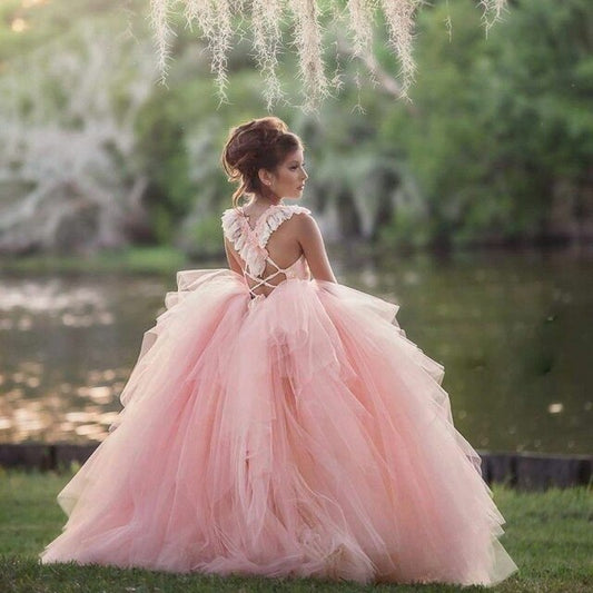 Pink Puffy Flower Girl Dresses for Wedding Layered Tulle Lace appliques Kids Pageant Party Birthday Gown for girls