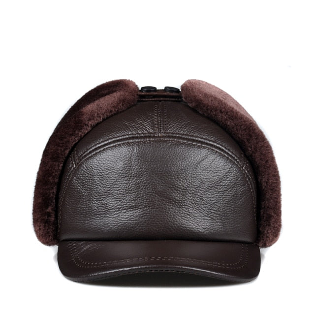 Winter Men 100% Genuine Leather Faux Fur Hat Male Warm Tag Thick Velvet Bomber Hats Elderly Earflap Moto Windproof Snow Caps
