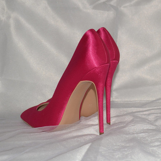 Veowalk Rose Pink Women Satin Stilettos High Heels Slip On Pointy Toe Silk Pumps Elegant Ladies Wedding Bridal Dress Shoes