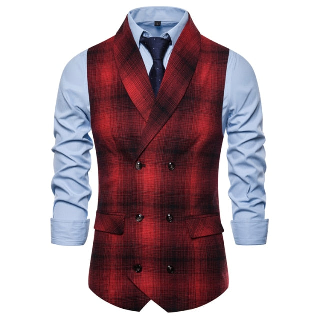 Mens Waistcoat Stripe Plaid Formal Suit Vest Men Fashion Casual Double Breasted Sleeveless Gilet Male Business Formal Dress Vest