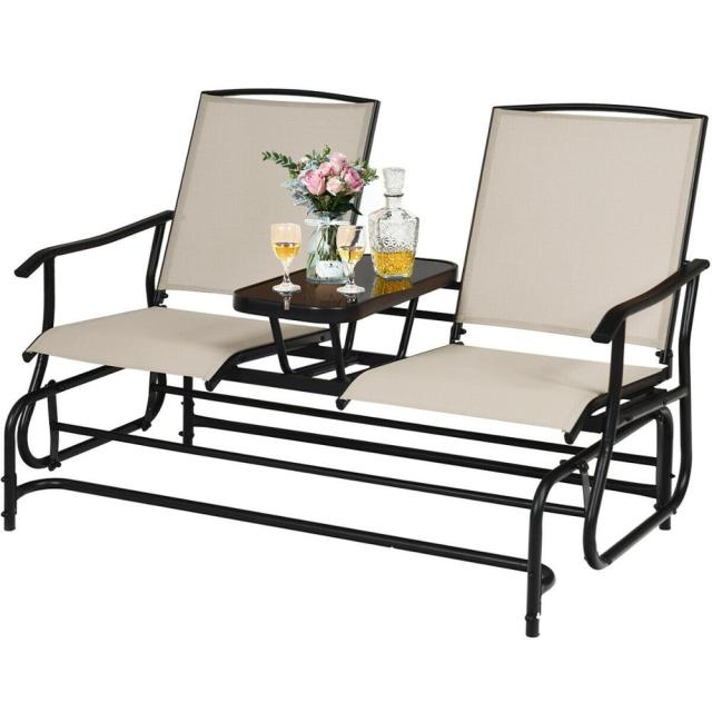 2 Person Outdoor Patio Double Glider Chair Loveseat Rocking with Center Table OP70357