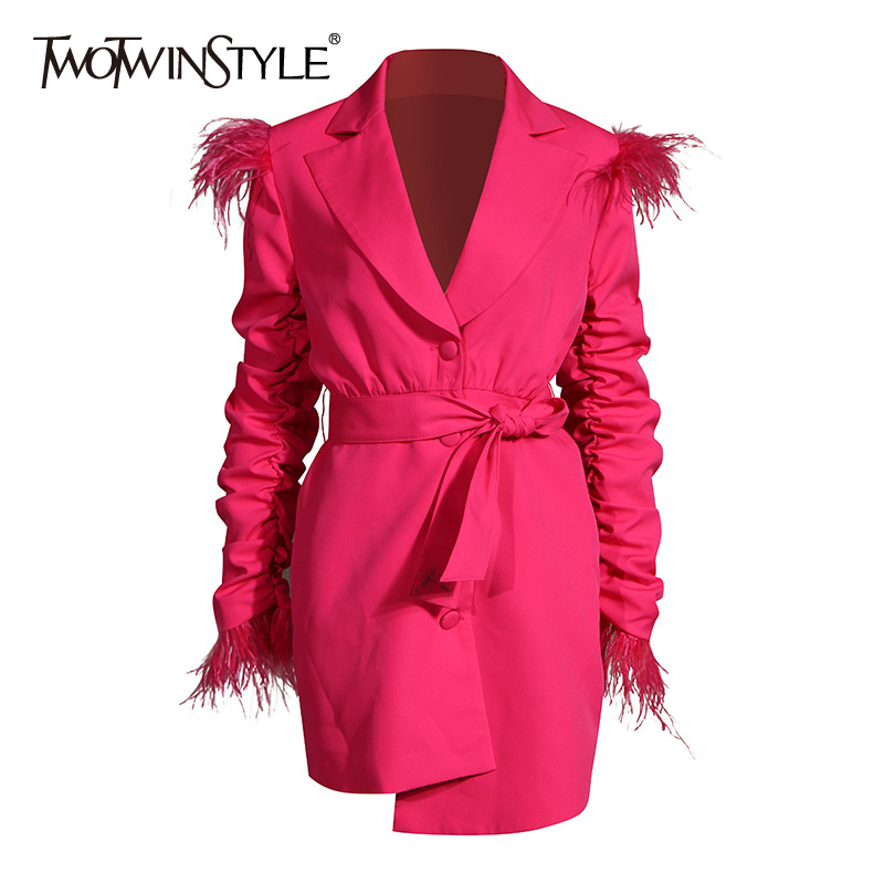 TWOTWINSTYLECasual Ruched Blazer Dress For Women Notched Long Sleeve High Waist Lace Up Bowknot Patchwork Tassel Dresses Female