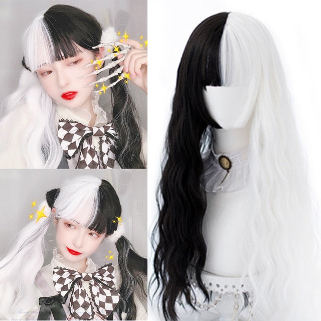 WTB Long Straight Hair Black Synthetic Lolita Wigs with Bangs for Women Fashion Female Cosplay Party Christmas Wigs Free Gifts