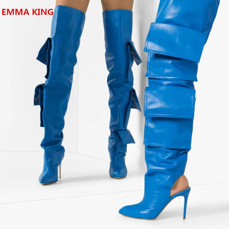 Dark Blue Leather Packet Designer Women Over Knee Boots New Pointed Toe Slingback Shoes Fashion Stiletto High Heels Knight Boots
