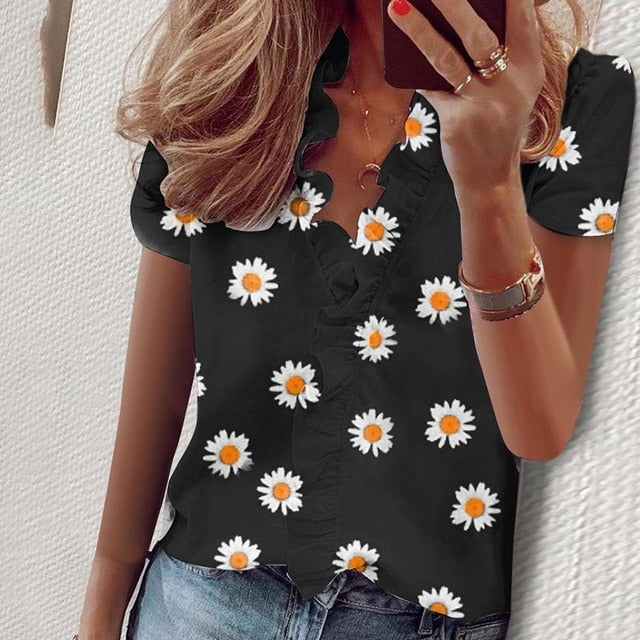 Elegant Boho Floral Print Slim Shirt Office Lady Retro Tops Women Casual Short Sleeve Sexy V-neck Ruffles Blouse 2020 Summer