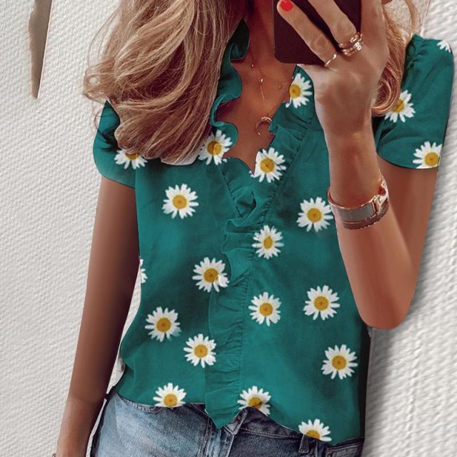 Elegant Boho Floral Print Slim Shirt Office Lady Retro Tops Women Casual Short Sleeve Sexy V-neck Ruffles Blouse 2020 Summer