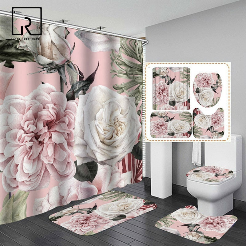 Pink Big Flowers Printed Shower Curtain Set with Rug Anti-slip Carpet Bathtub Toilet Screen Waterproof Bathroom Decor with Hooks