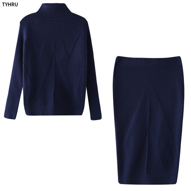 TYHUR Autumn Women's Knitting Costume Turtleneck Solid Color Pullover Sweater + Slim Skirt Two-Piece Set