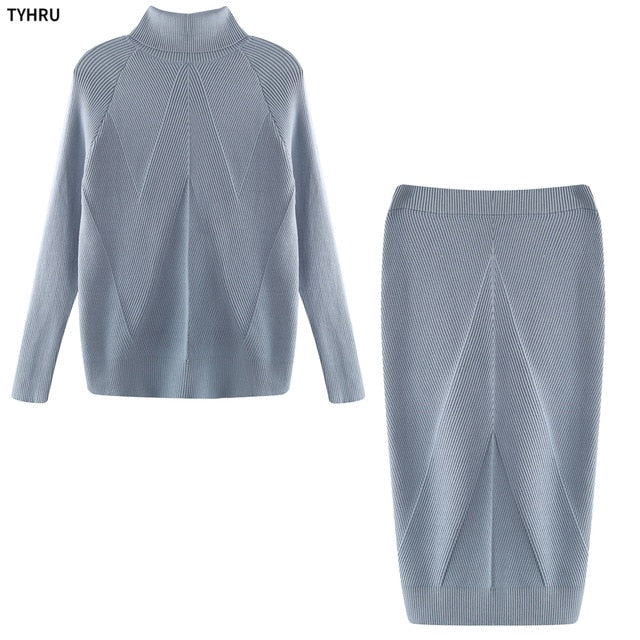 TYHUR Autumn Women's Knitting Costume Turtleneck Solid Color Pullover Sweater + Slim Skirt Two-Piece Set