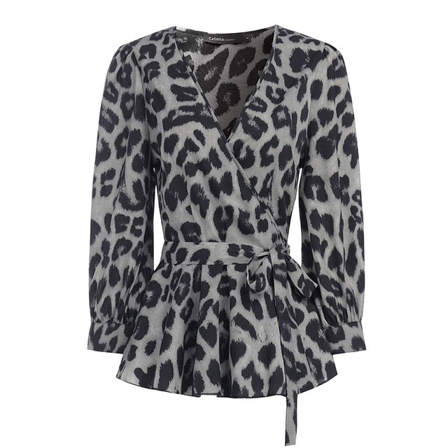 Celmia Women Blouses 5XL Elegant Office Tunic Shirt Sexy Deep V-Neck Leopard Print Belted Fashion Tops Ruffles Blusas Femininas