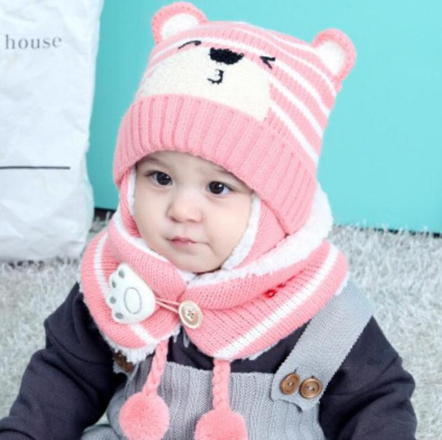 Winter baby boy girls warm cartoon bear Knitted hats with hair ball earbud+neck scarf 2 pcs set for 0-2T baby toddler headdress