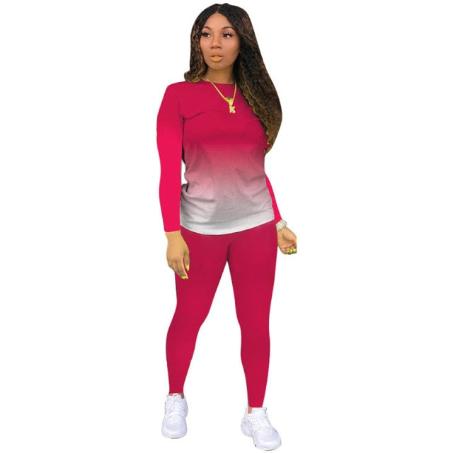 Women's Two Piece Outfit Jogger Suit Gradient Long Sleeve Pullover T-shirts Tops+Pants Leggings Set Casual Tracksuit Sweat Suits
