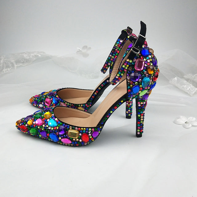 Women wedding shoes with matching bags Multicolored Crystal Thick High heels Ladies Party Dress shoes women Pumps super big size