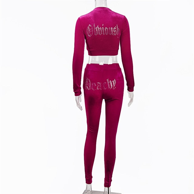 JillPeri Winter Velvet Crop Jacket and Tracksuit Joggers Two Piece Set with Diamante Rhinestones Jogging Suits for Women