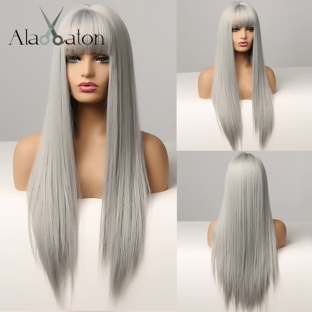 ALAN EATON Cosplay Silver Gray Wig for Women Natural Long Silk Straight Hair Wigs With Bangs For Women Girl Heat Resistant Fiber