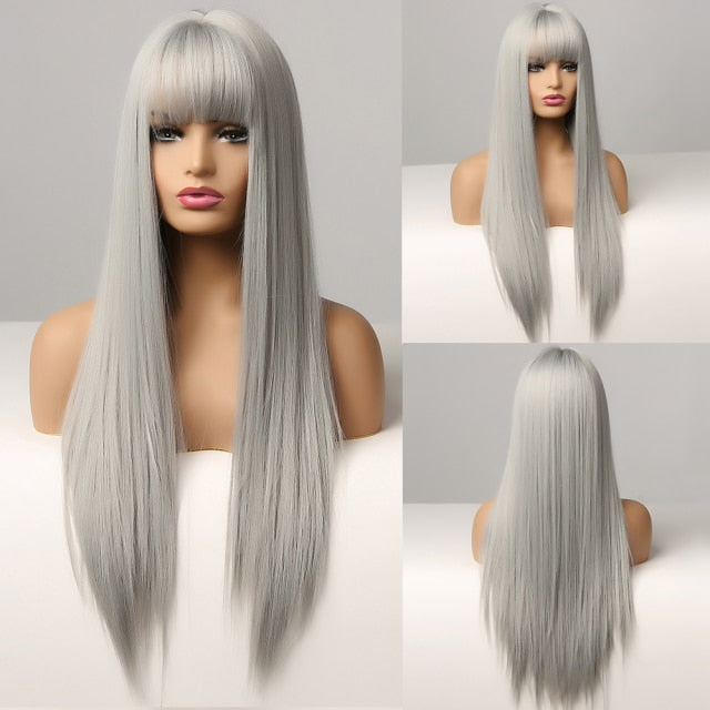 ALAN EATON Cosplay Silver Gray Wig for Women Natural Long Silk Straight Hair Wigs With Bangs For Women Girl Heat Resistant Fiber